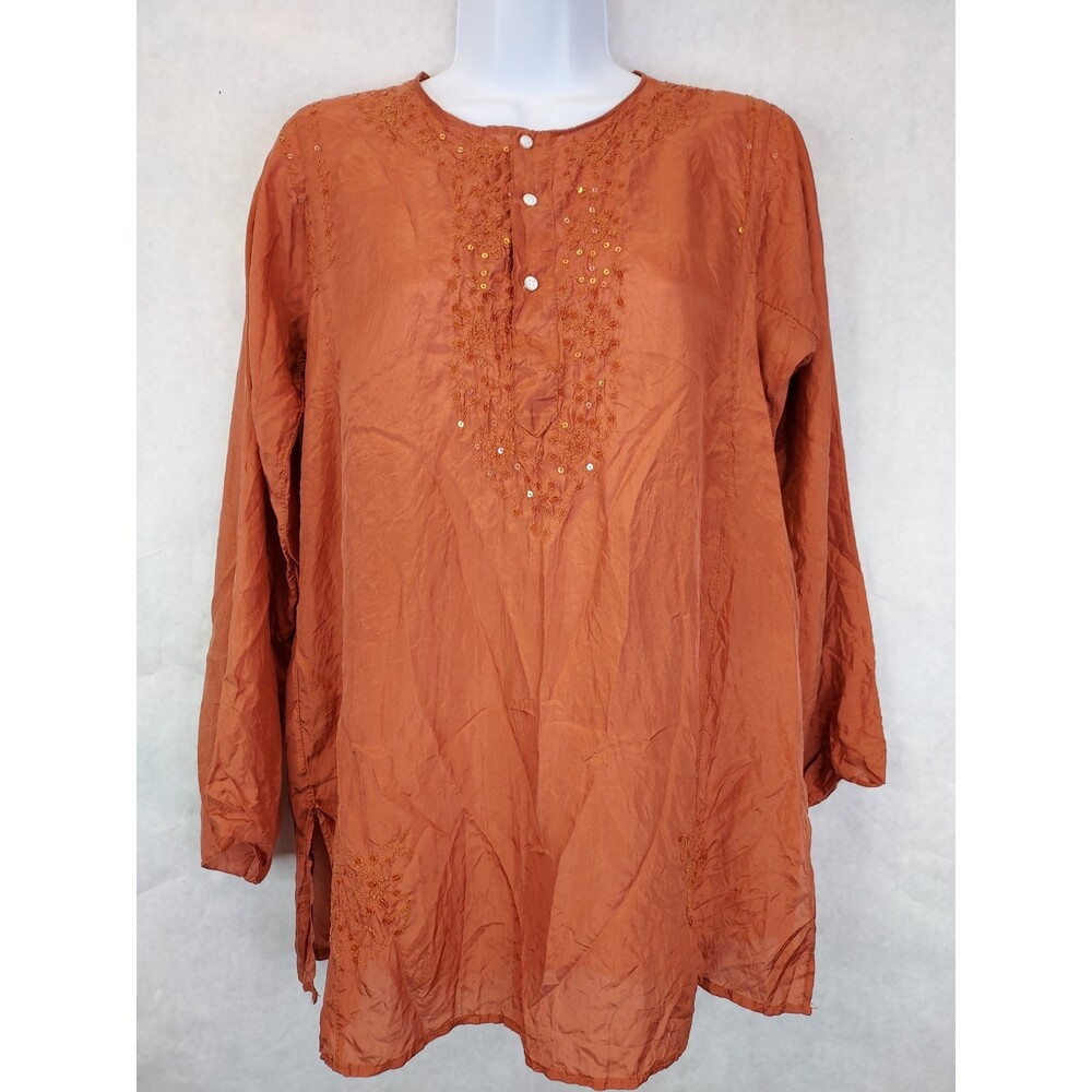 Glam 100% Silk Peasant Blouse Women XS Burnt Orange Embroidery Sequin Boho Fairy